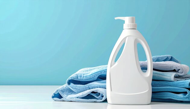 Laundry detergent bottle with clean clothes 3D illustration