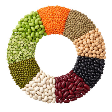 Assorted legumes and pulses arranged in colorful circular pattern