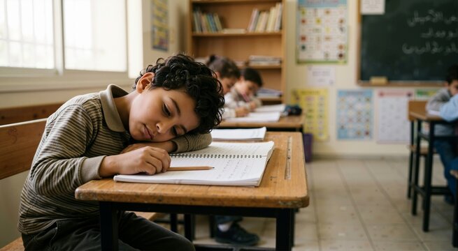Tired Arab schoolboy resting head on notebook at desk. Bored student holding pencil in classroom. Childhood education and learning fatigue concept