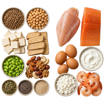 Assorted animal and plant protein foods with seeds nuts and dairy
