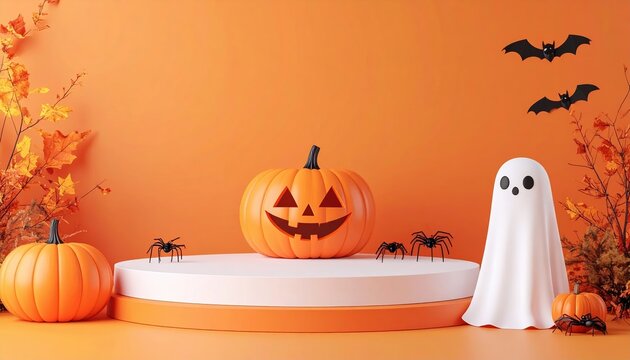Halloween display podium with pumpkin, spiders and ghost, 3D Illustration