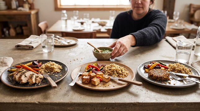 Three balanced protein plates ready for sharing