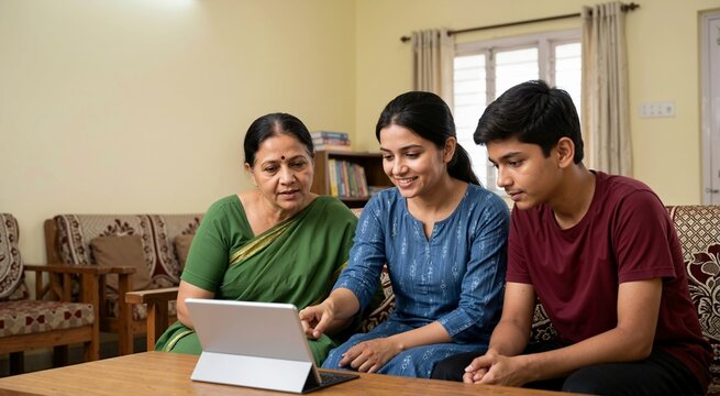 Indian family using digital tablet together in living room. Mother, daughter, and teenage son watching online video or e-learning content