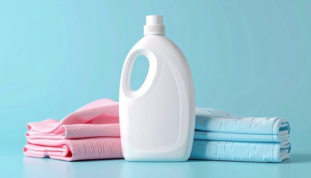 Laundry detergent bottle with clean clothes 3D illustration