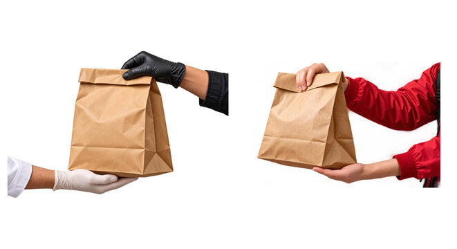 hands exchanging paper food delivery bags, service for ordering takeout meals.