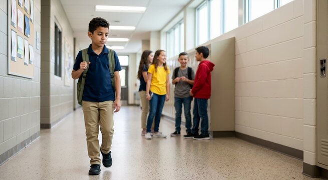 Sad Arab boy walking alone in school hallway avoiding group of kids. Lonely student feeling isolated while classmates talk by lockers. Social exclusion and bullying concept