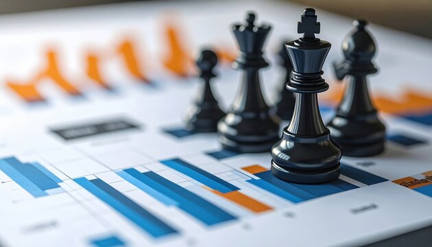Business strategy chess pieces and graph 3D illustration