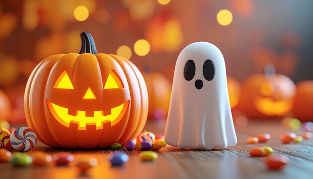 Halloween pumpkin with ghost and candy 3D illustration