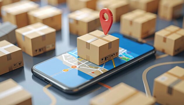 Delivery smartphone tracking parcel location 3D illustration