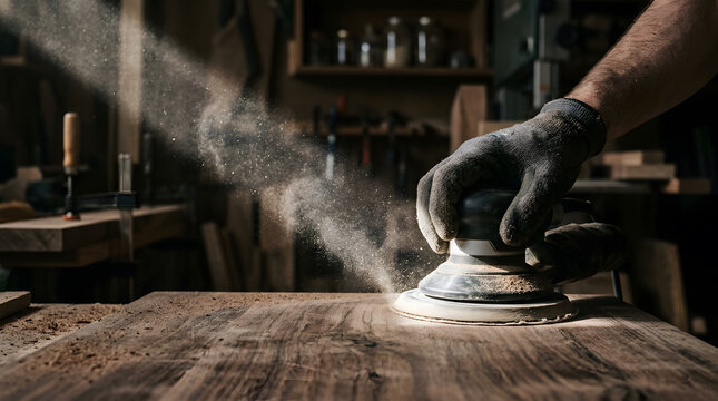 Professional carpenter sanding wooden tabletop with orbital sander in workshop, close up of gloved hand creating dust particles in dramatic sunlight, high quality realistic photography for industry