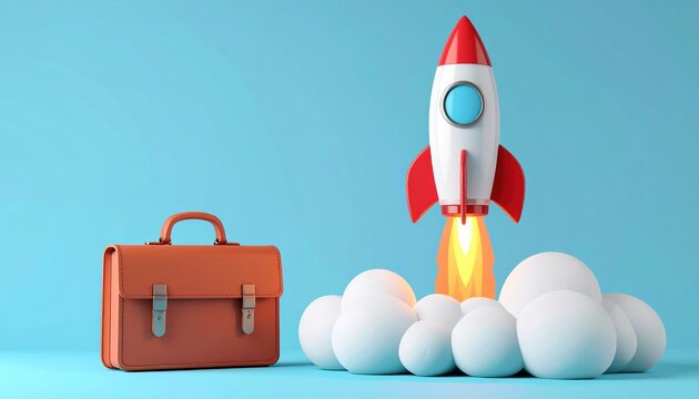 Startup business concept with rocket and briefcase 3D illustration