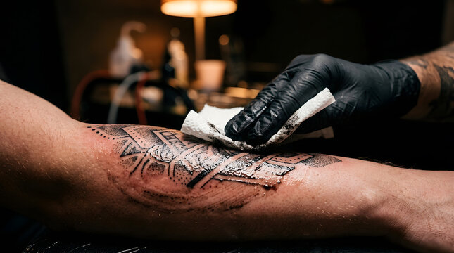 Professional tattoo artist wearing black gloves wiping fresh ink from a geometric arm tattoo in a dimly lit studio setting, close up shot capturing the artistic process and skin texture details