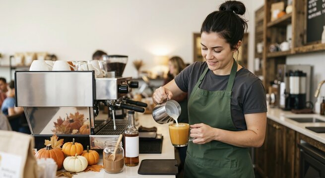 Smiling female barista pouring milk into a pumpkin spice latte. Woman in a green apron preparing an autumn coffee beverage in a cafe