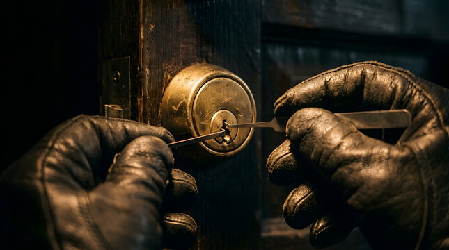 Lock picking hands wearing leather gloves using metal tools on a brass door cylinder lock in a dark environment, cinematic close up shot representing security breach, crime, and illegal entry concept