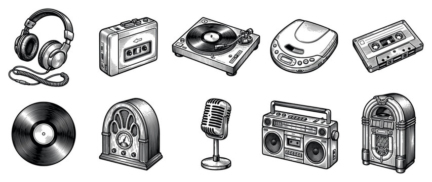 Music player icons set. Retro audio technology concept. Includes headphones, walkman, turntable, portable CD player, cassette, vinyl record, radio, microphone, boombox, jukebox. Hand-drawn