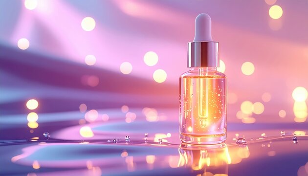 Beauty serum bottle with glowing droplets 3D illustration