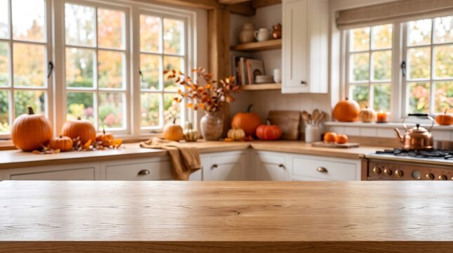 Empty wooden kitchen counter with autumn decorations and pumpkins in the background