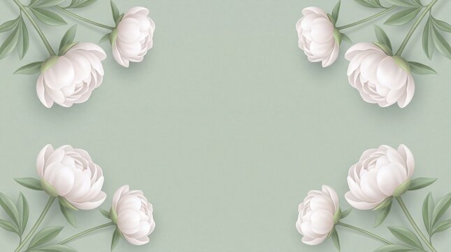 White peony flower border frame isolated on a soft pastel green background with peony flowers