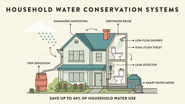 House cutaway infographic on household water saving systems &ndash; Great for utility campaigns, eco home guides, or sustainability blogs
