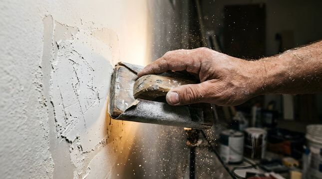 Hand sanding a wall patch with a wooden sanding block to smooth plaster surface during home renovation project in a workshop setting, professional construction work, high quality photography style