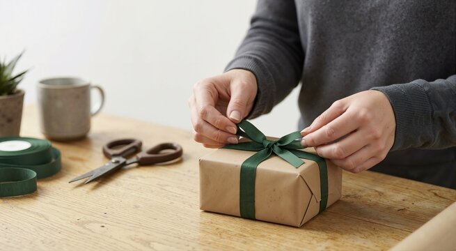 Close up of hands tying a green ribbon bow on a kraft paper wrapped gift. Creative handmade present wrapping on a wooden table