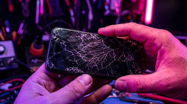Broken smartphone screen held by technician hands in repair shop with neon purple lighting, close up view of shattered glass display on mobile device needing professional maintenance and glass repair