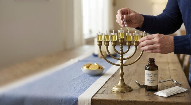Hands filling a brass menorah with olive oil using a dropper. Preparation for traditional Hanukkah lighting ritual with wicks and gelt