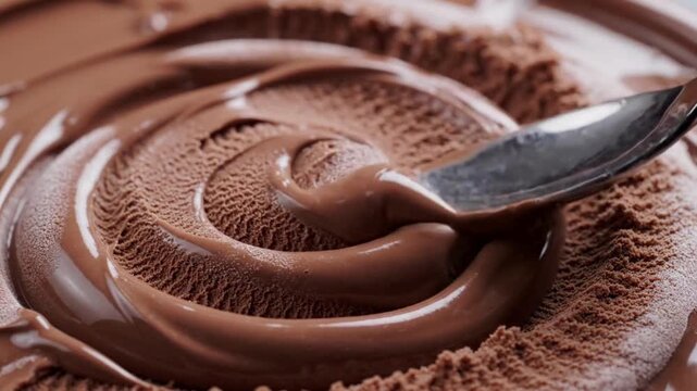A metal spoon spreads smooth melted chocolate over a textured surface of cocoa powder with across circular pattern video captures close confectionery preparation ingredient gastronomy spreading