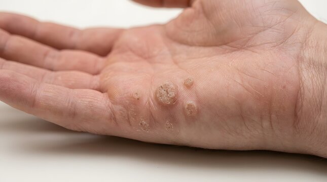 Human palm showing viral warts on skin surface for medical dermatology diagnosis.