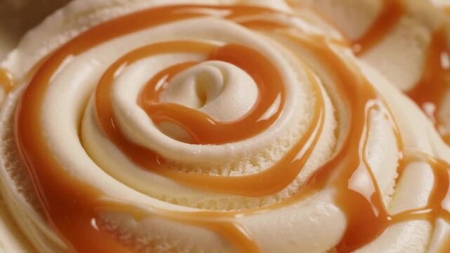 Creamy vanilla ice cream swirl with a rich golden caramel sauce topping close with swirl being drizzled video close view preparation refreshment confection indulgence refreshing ingredient with frozen