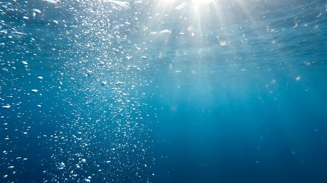 Air bubbles rising in blue ocean water under sunlight with bubbles ascend on transparent background