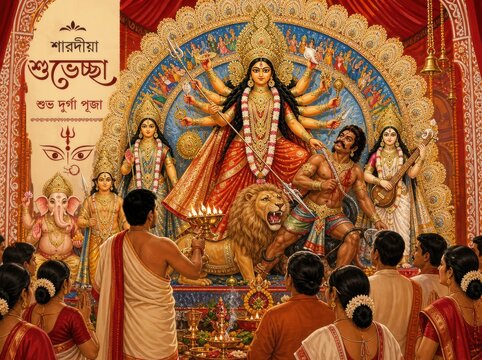 Devotees offer prayers to Goddess Durga during Sharadiya Pujo festival with vibrant decorations and a devotional atmosphere