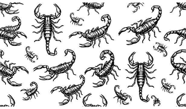 Hand Drawn Scorpion Seamless Pattern Vintage Arachnid Black Ink Vector Illustration