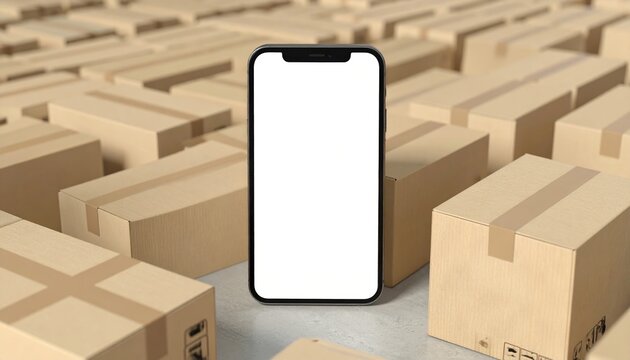 Closed delivery boxes with smartphone displaying blank screen, 3D Illustration, e-commerce concept