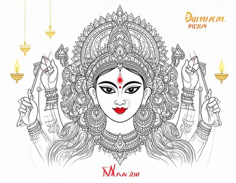 Devotional depiction of Goddess Durga's face during Dussehra festival with intricate details and divine aura
