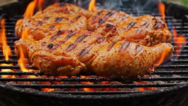 Seasoned chicken legs grilling over hot open flames on a circular outdoor charcoal barbecue grill with chicken quarters cooking glowing charcoal embers intense fire glowing cooking metal grate