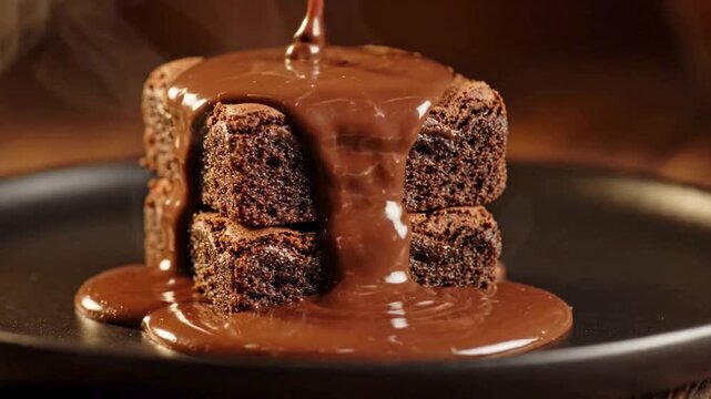 Molten chocolate sauce pouring over a stack of warm brownies on a black plate with thick melted chocolate visible steam rising sauce being poured onto stack two video thick confection appetizing