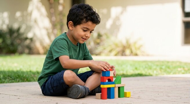 Smiling Arab boy playing with colorful building blocks outdoors. Young child building a tower on pavement. Early childhood education concept