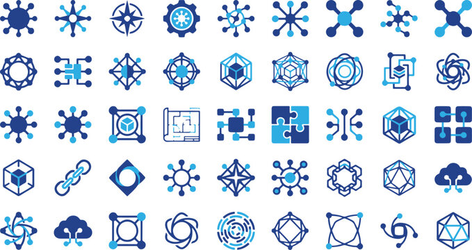 Technology Connection Node Vector Logo Set with Network, Circuit, and Data Science Symbols
