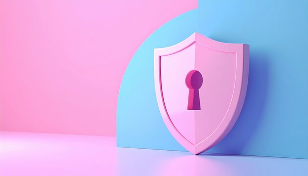 Protected shield icon with keyhole, 3D Illustration, cybersecurity and data protection concept, pastel abstract background
