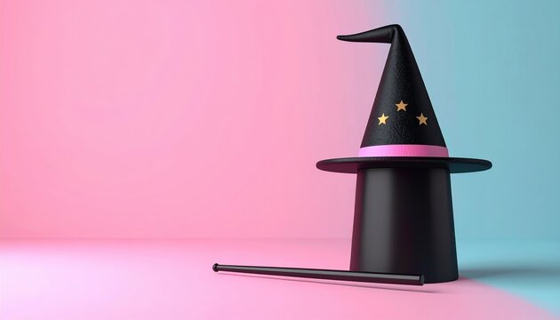 Simple magic wand tool with magician hat, 3D Illustration, creative concept, isolated on pastel background