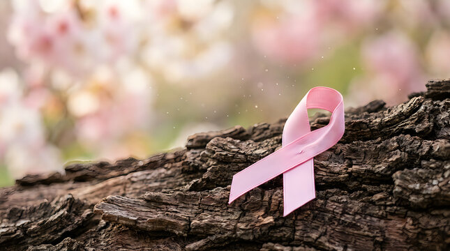 A pink ribbon symbol of breast cancer awareness placed on a textured dark tree bark background