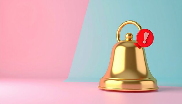 Gold notification bell with red alert badge, 3D Illustration, web banner design, pastel background