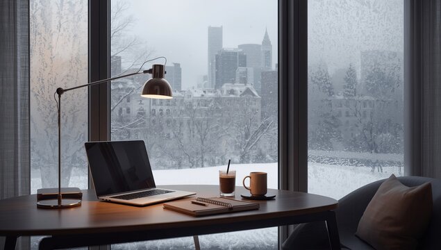 Modern home office with large window view during snowy day