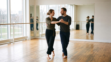Fototapeta premium couple practicing ballroom dance moves in bright studio with wooden floor