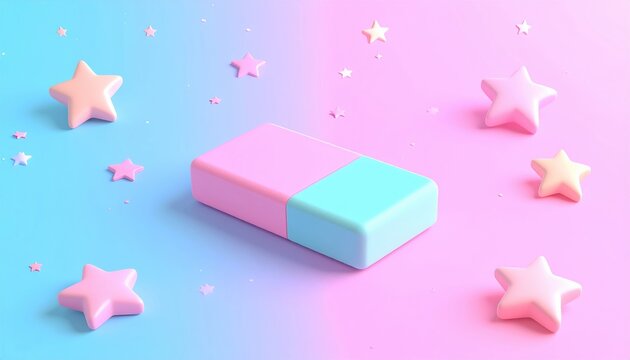 Simple eraser tool with magical stars, 3D Illustration, creative editing concept, pastel background