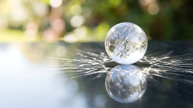 Clear glass crystal sphere resting on a reflective dark stone surface on transparent background