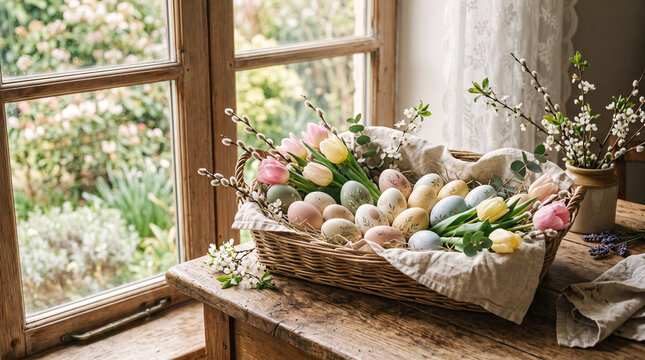 easter basket with colorful decorated eggs and spring tulips on wooden table