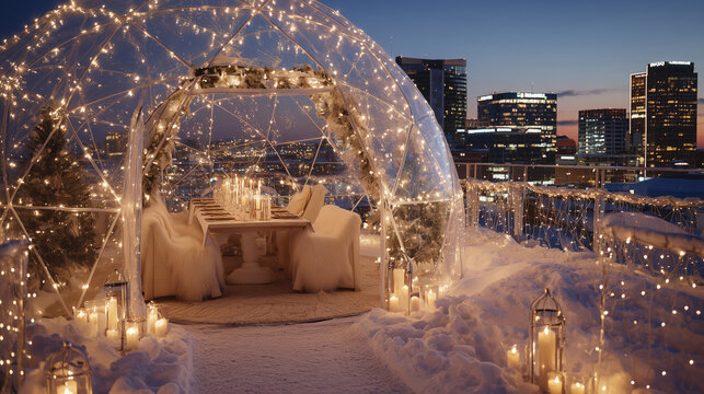 Romantic winter rooftop dining under a glass igloo adorned with twinkling lights and candles. Snow-covered view of city skyline at dusk in an enchanting atmosphere. Image made using Generative AI.