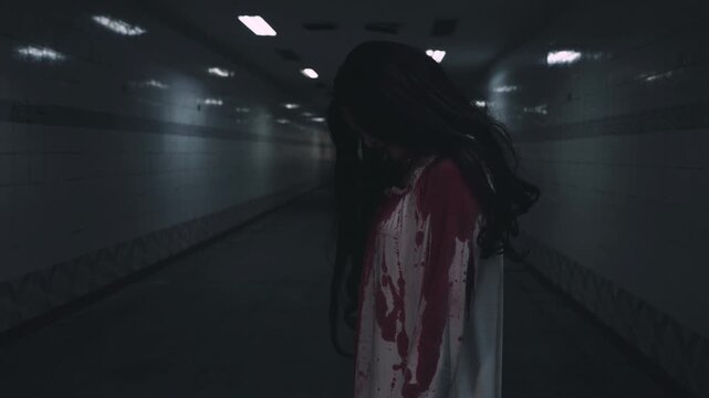 Bloody halloween makeup. Horror bloodthirsty ghost girl hair covering face and eye reach arm out, Asian woman zombie with blood she death and scary at night in tunnel, Happy halloween day concept